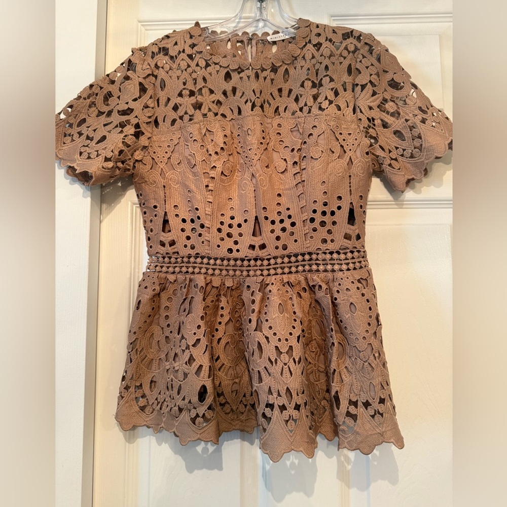 NWOT Chic Eyelet Peplum Blouse - Tan